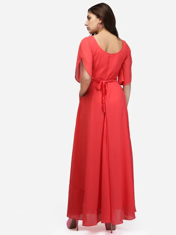 Coral_Party_Wear_Designer_Bell_Sleeves_Flared_Princess_Cut_Floor_Length_Long_Gown_Dress_With_Pocket_&_Fabric_Belt