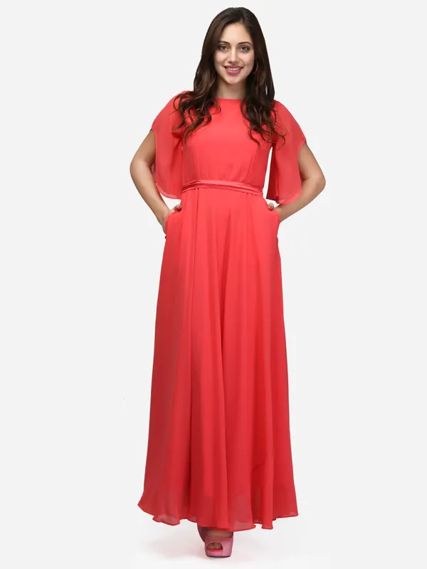 Coral_Party_Wear_Designer_Bell_Sleeves_Flared_Princess_Cut_Floor_Length_Long_Gown_Dress_With_Pocket_&_Fabric_Belt