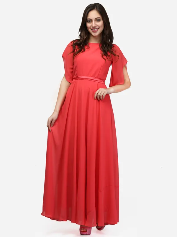 Coral_Party_Wear_Designer_Bell_Sleeves_Flared_Princess_Cut_Floor_Length_Long_Gown_Dress_With_Pocket_&_Fabric_Belt