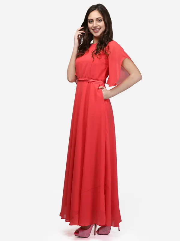 Coral_Party_Wear_Designer_Bell_Sleeves_Flared_Princess_Cut_Floor_Length_Long_Gown_Dress_With_Pocket_&_Fabric_Belt