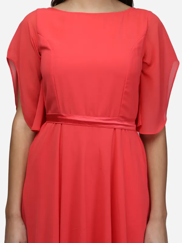 Coral_Party_Wear_Designer_Bell_Sleeves_Flared_Princess_Cut_Floor_Length_Long_Gown_Dress_With_Pocket_&_Fabric_Belt