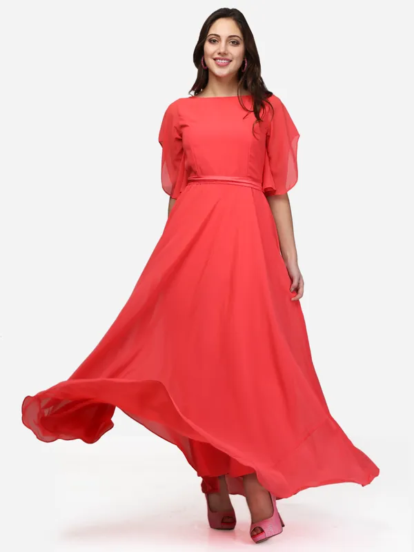 Coral_Party_Wear_Designer_Bell_Sleeves_Flared_Princess_Cut_Floor_Length_Long_Gown_Dress_With_Pocket_&_Fabric_Belt