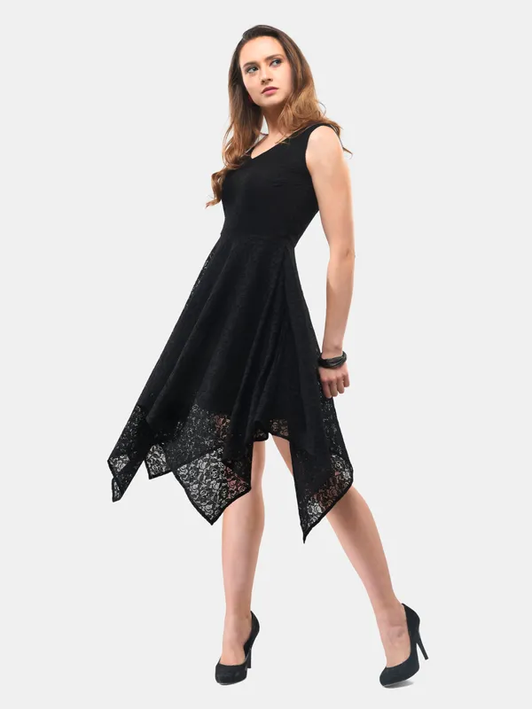 Black_Lace_V-Neck_High_Low_Dress_For_Women