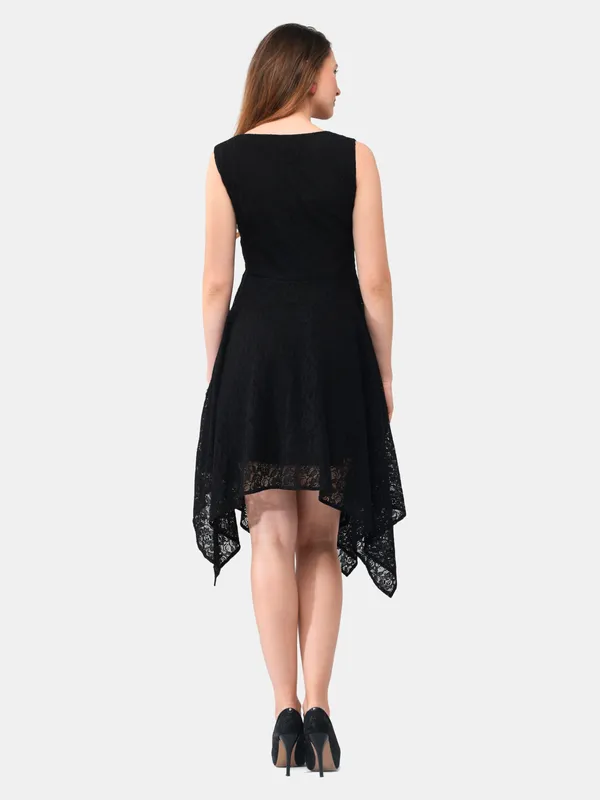 Black_Lace_V-Neck_High_Low_Dress_For_Women