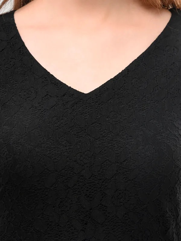 Black_Lace_V-Neck_High_Low_Dress_For_Women