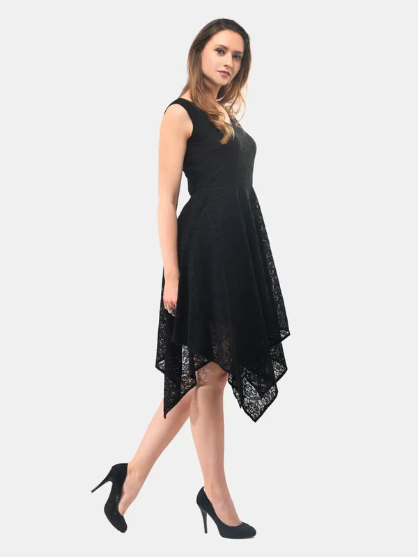 Black_Lace_V-Neck_High_Low_Dress_For_Women