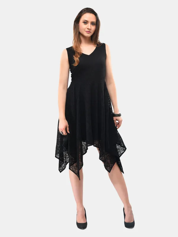 Black_Lace_V-Neck_High_Low_Dress_For_Women