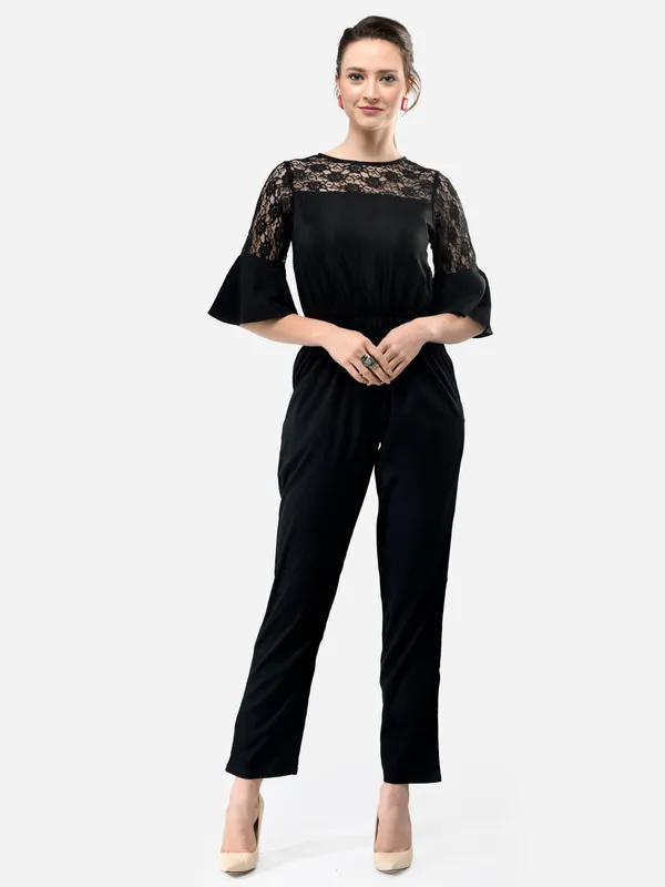 Black_Rayon_3/4_Bell_Sleeves_Elasticated_Waist_With_Pockets_For_Women