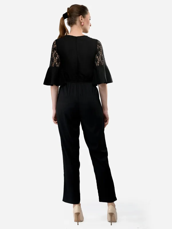 Black_Rayon_3/4_Bell_Sleeves_Elasticated_Waist_With_Pockets_For_Women