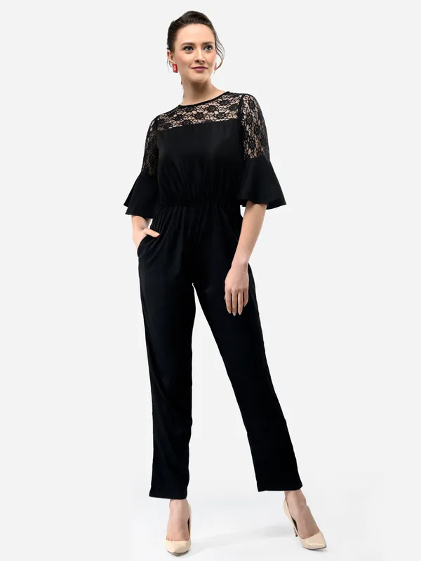Black_Rayon_3/4_Bell_Sleeves_Elasticated_Waist_With_Pockets_For_Women