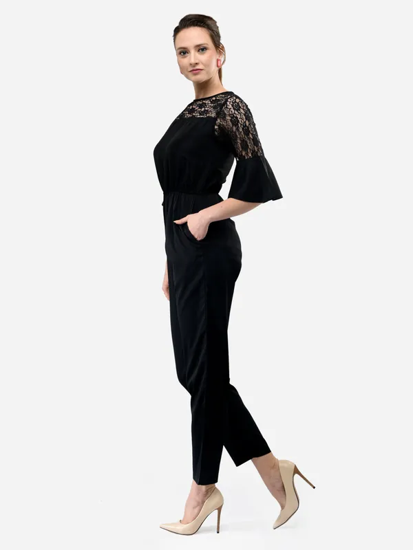 Black_Rayon_3/4_Bell_Sleeves_Elasticated_Waist_With_Pockets_For_Women