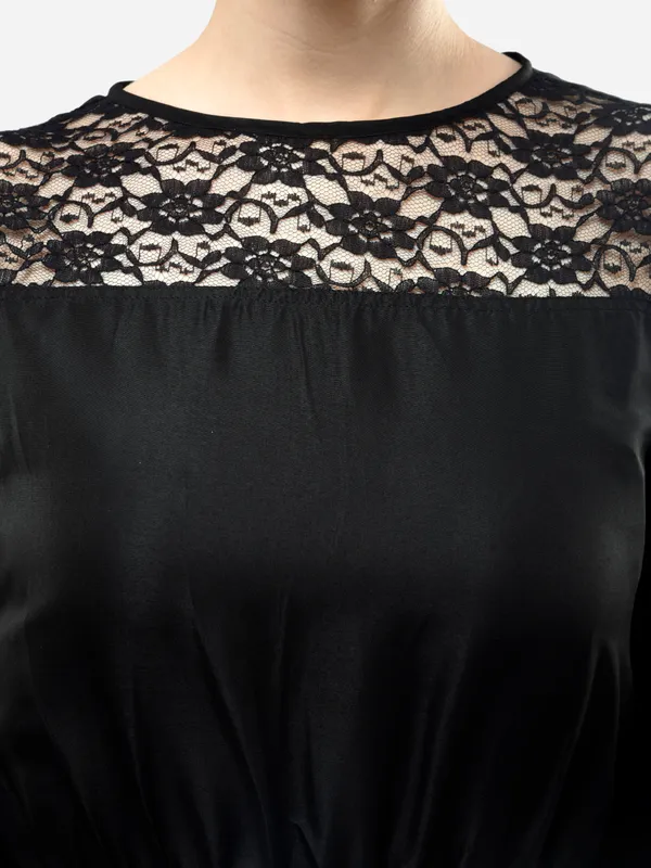 Black_Rayon_3/4_Bell_Sleeves_Elasticated_Waist_With_Pockets_For_Women