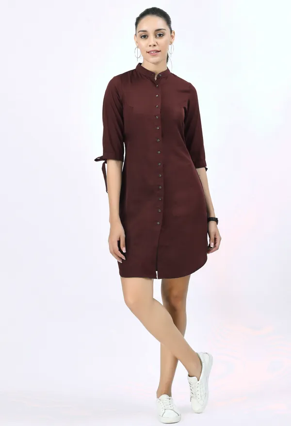 V&M_Maroon_Front_Open_Shirt_Dress_For_Women