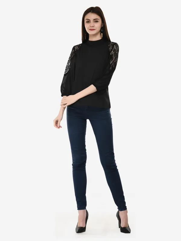 Black_Solid_Lace_Patch_Work_High_Neck_3/4_Sleeves_Smart_Casual_Top_For_Women