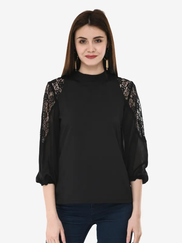 Black_Solid_Lace_Patch_Work_High_Neck_3/4_Sleeves_Smart_Casual_Top_For_Women