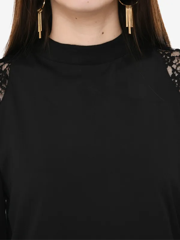 Black_Solid_Lace_Patch_Work_High_Neck_3/4_Sleeves_Smart_Casual_Top_For_Women