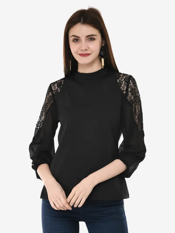 Black_Solid_Lace_Patch_Work_High_Neck_3/4_Sleeves_Smart_Casual_Top_For_Women