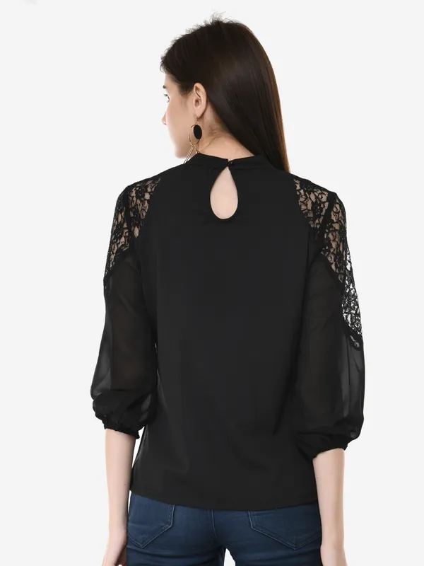 Black_Solid_Lace_Patch_Work_High_Neck_3/4_Sleeves_Smart_Casual_Top_For_Women
