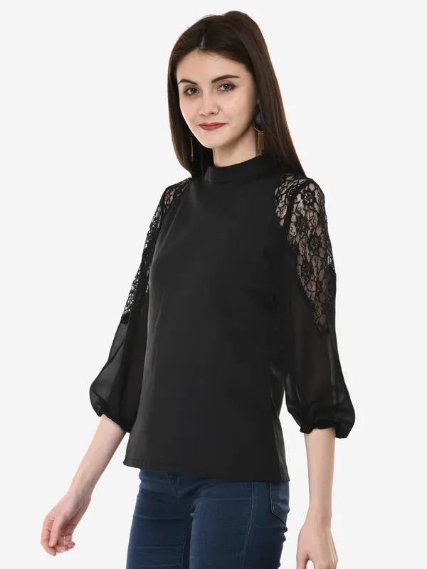 Black_Solid_Lace_Patch_Work_High_Neck_3/4_Sleeves_Smart_Casual_Top_For_Women