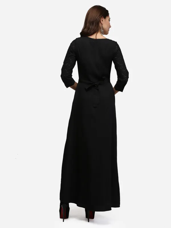Black_Lace_Square_Designer_Neck_3/4_Sleeves_One_Pocket_On_Right_Side_Maxi_Dress_&_Fabric_Belt