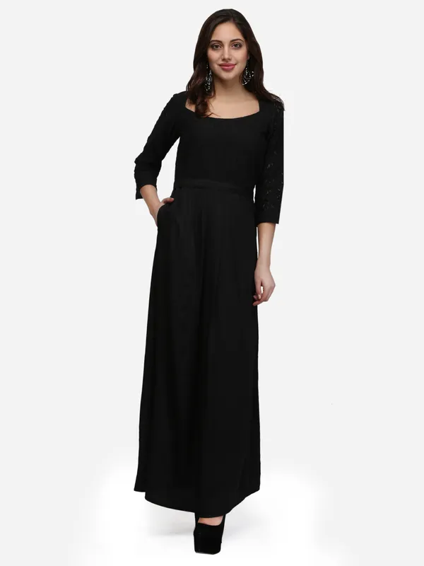 Black_Lace_Square_Designer_Neck_3/4_Sleeves_One_Pocket_On_Right_Side_Maxi_Dress_&_Fabric_Belt