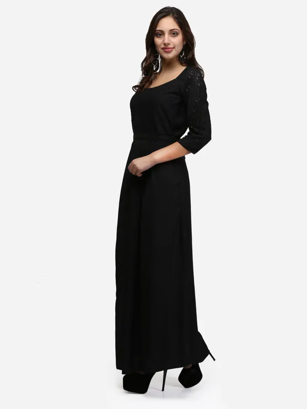 Black_Lace_Square_Designer_Neck_3/4_Sleeves_One_Pocket_On_Right_Side_Maxi_Dress_&_Fabric_Belt