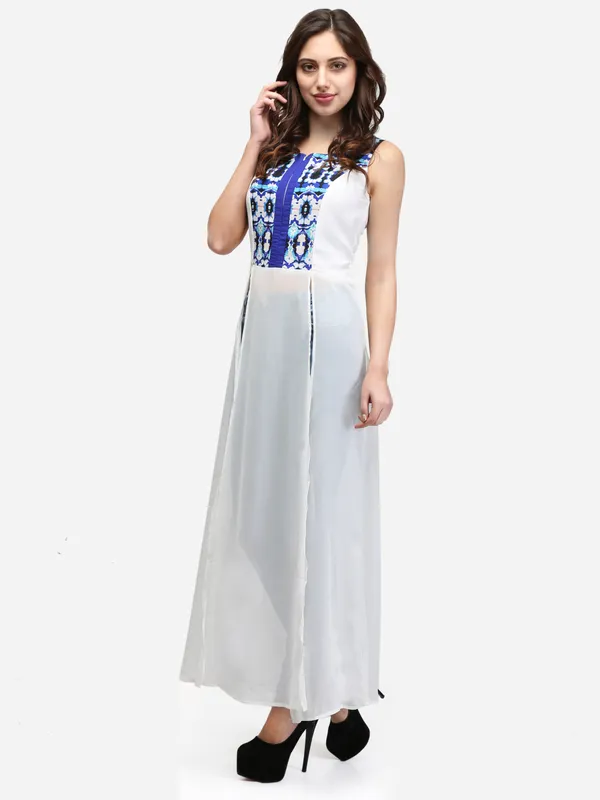 White_Summer_Casual_Scoop_Neck_Sleeveless_Solid_Front_Split_Maxi_Tunic_Top_Dress_With_Front_Zipper