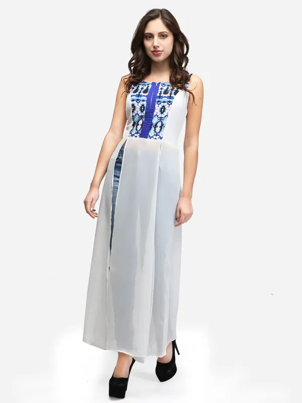 White_Summer_Casual_Scoop_Neck_Sleeveless_Solid_Front_Split_Maxi_Tunic_Top_Dress_With_Front_Zipper