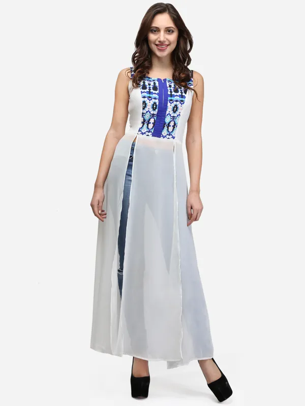 White_Summer_Casual_Scoop_Neck_Sleeveless_Solid_Front_Split_Maxi_Tunic_Top_Dress_With_Front_Zipper