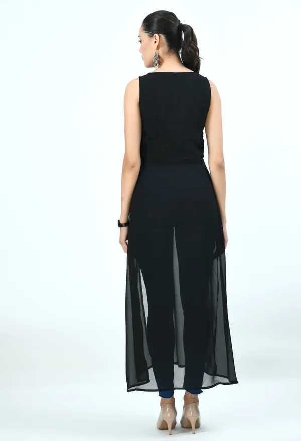 Black_Round_Neck_Front_High_Slit_Georgette_Maxi_Longline_Top