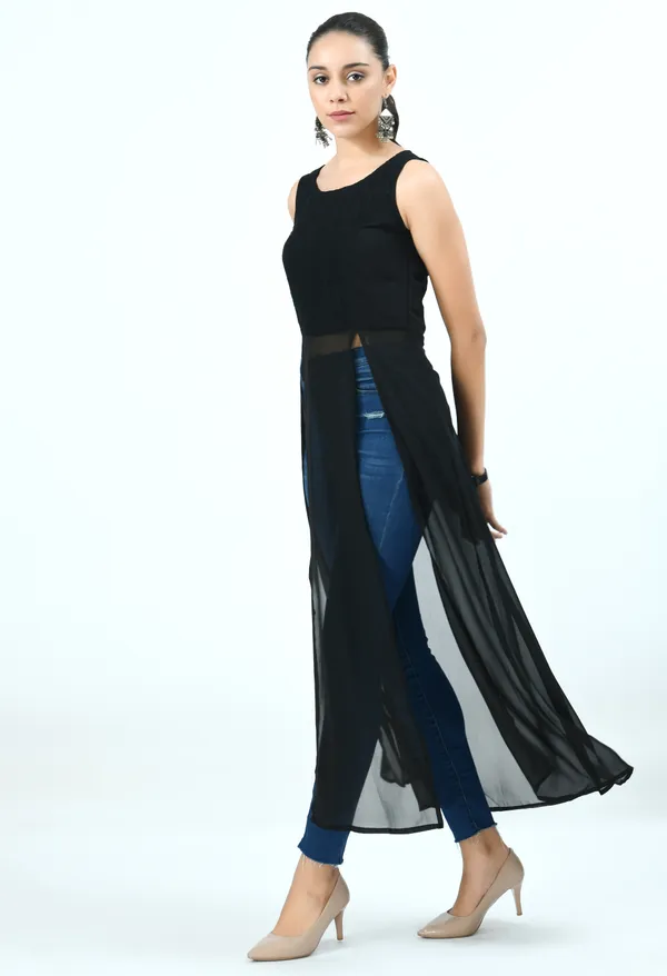 Black_Round_Neck_Front_High_Slit_Georgette_Maxi_Longline_Top