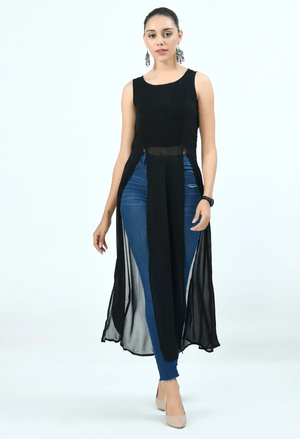 Black_Round_Neck_Front_High_Slit_Georgette_Maxi_Longline_Top