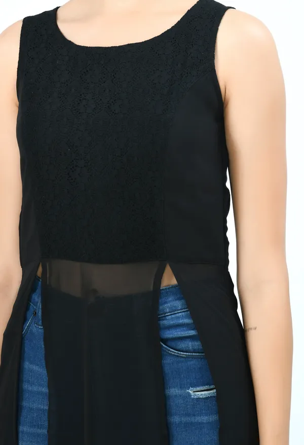 Black_Round_Neck_Front_High_Slit_Georgette_Maxi_Longline_Top