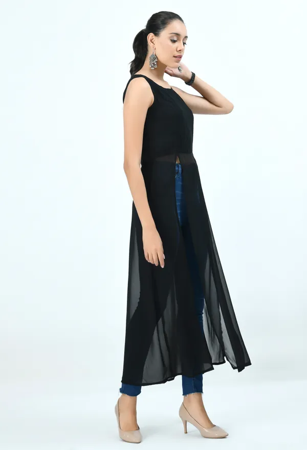 Black_Round_Neck_Front_High_Slit_Georgette_Maxi_Longline_Top