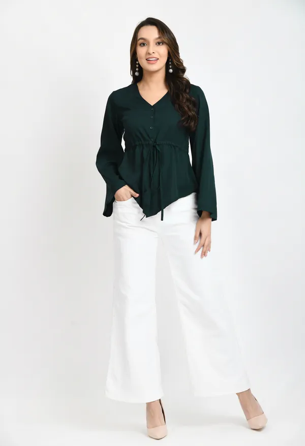 V&M_Dark_Green_Color_Waist_Tie-up_Casual_Top