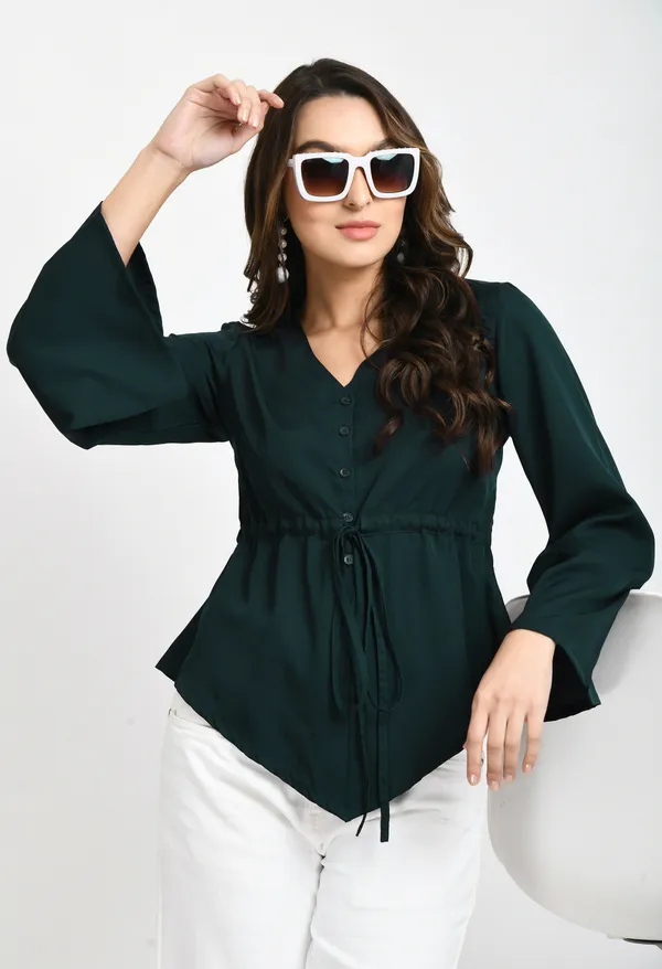 V&M_Dark_Green_Color_Waist_Tie-up_Casual_Top