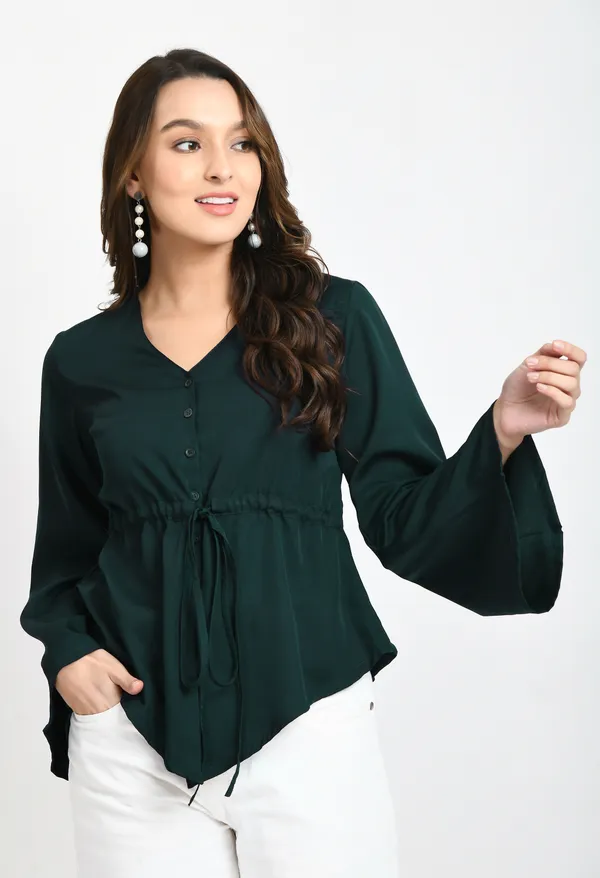 V&M_Dark_Green_Color_Waist_Tie-up_Casual_Top