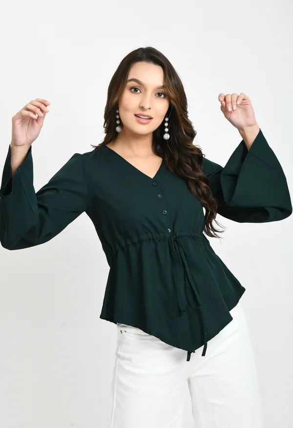 V&M_Dark_Green_Color_Waist_Tie-up_Casual_Top