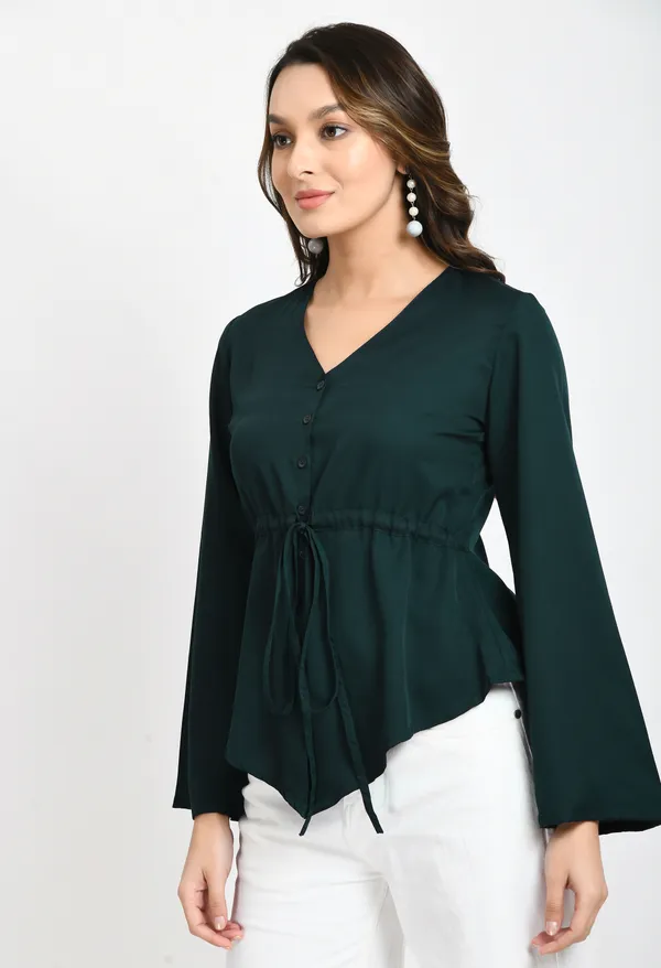 V&M_Dark_Green_Color_Waist_Tie-up_Casual_Top
