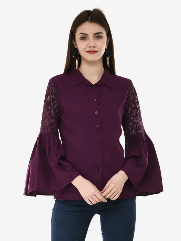 Purple_Designer_Button_Down_Shirt_With_Pleated_Bell_Sleeves_Top_For_Women