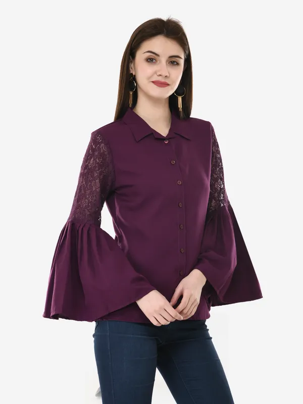 Purple_Designer_Button_Down_Shirt_With_Pleated_Bell_Sleeves_Top_For_Women