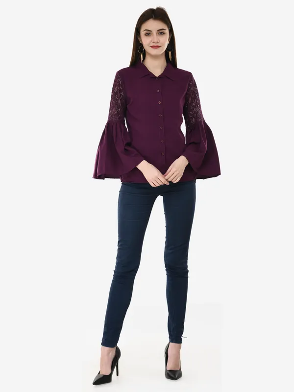 Purple_Designer_Button_Down_Shirt_With_Pleated_Bell_Sleeves_Top_For_Women