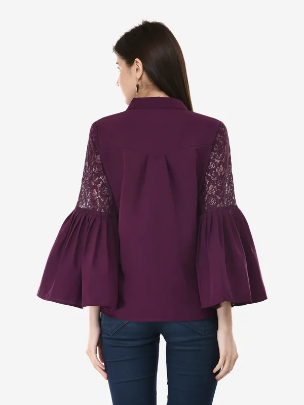 Purple_Designer_Button_Down_Shirt_With_Pleated_Bell_Sleeves_Top_For_Women
