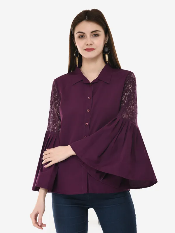 Purple_Designer_Button_Down_Shirt_With_Pleated_Bell_Sleeves_Top_For_Women