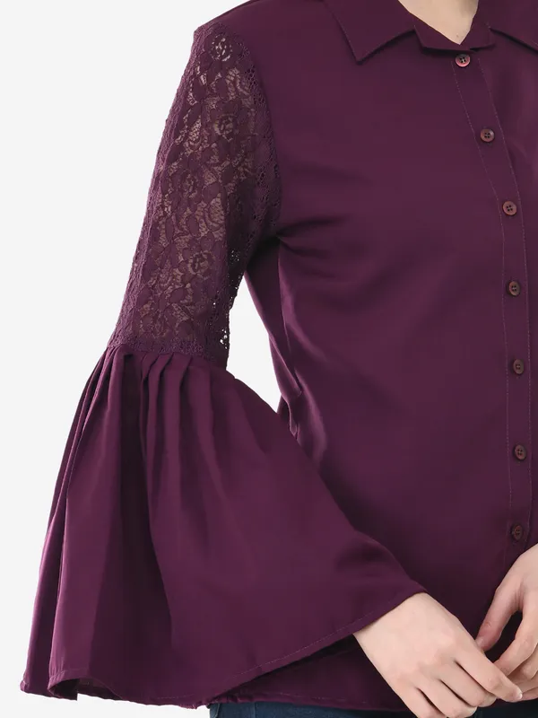 Purple_Designer_Button_Down_Shirt_With_Pleated_Bell_Sleeves_Top_For_Women
