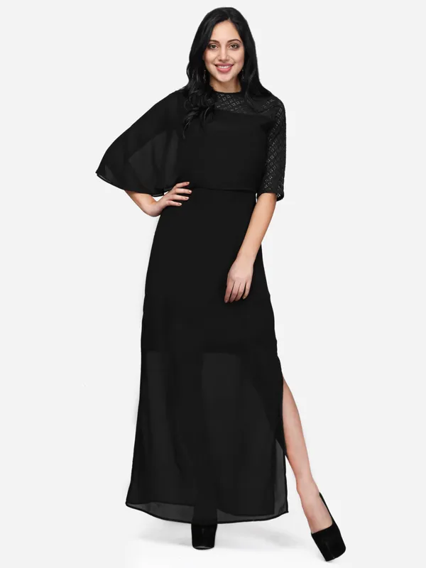 Black_Georgette_One_Side_Slit_Long_Maxi_Dress_For_Women