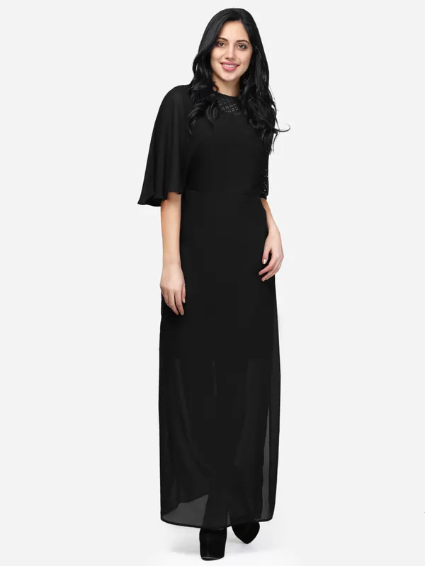 Black_Georgette_One_Side_Slit_Long_Maxi_Dress_For_Women