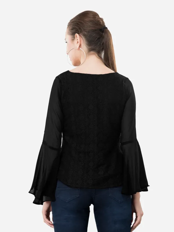 Black_Casual_Cotton_Net_V-Neck_Bell_Sleeves_Top