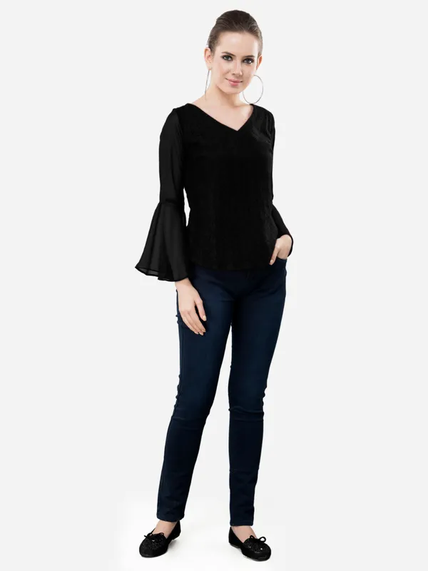 Black_Casual_Cotton_Net_V-Neck_Bell_Sleeves_Top