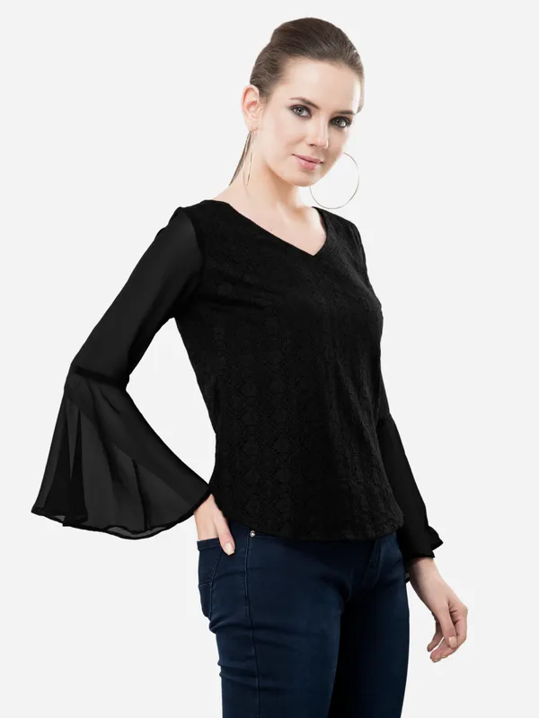 Black_Casual_Cotton_Net_V-Neck_Bell_Sleeves_Top